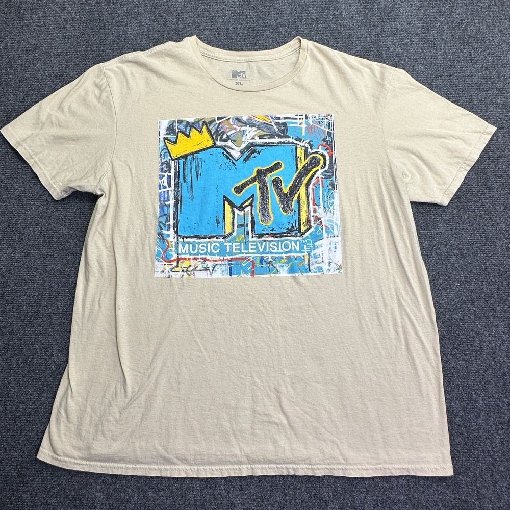 MTV T-Shirt Tan Graphic Music Television Logo Crown Short Sleeve Distressed